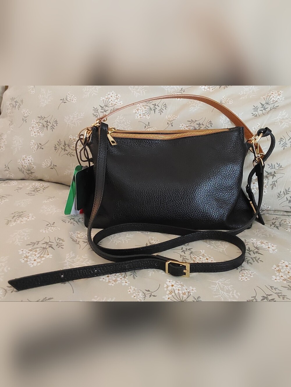 Valentina Black Italian pebble leather shoulder bag/crossbody with tan straps